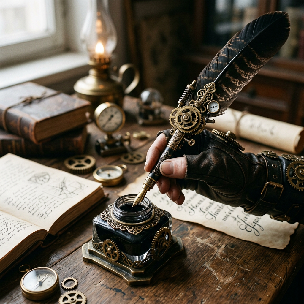 Gloved hand dipping an ornate feather quill into a steampunk inkwell