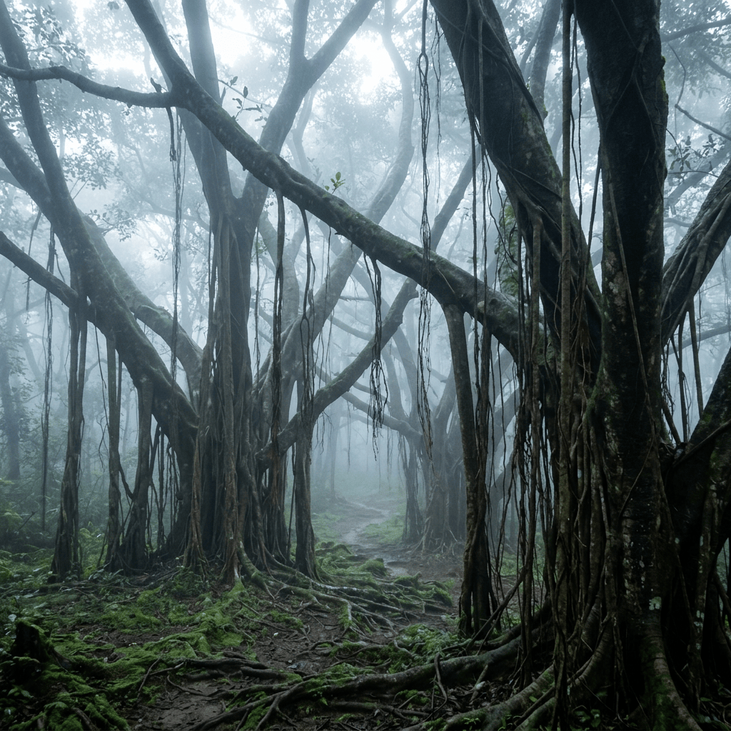 Misty forest trail surrounded by banyan trees and hanging roots
