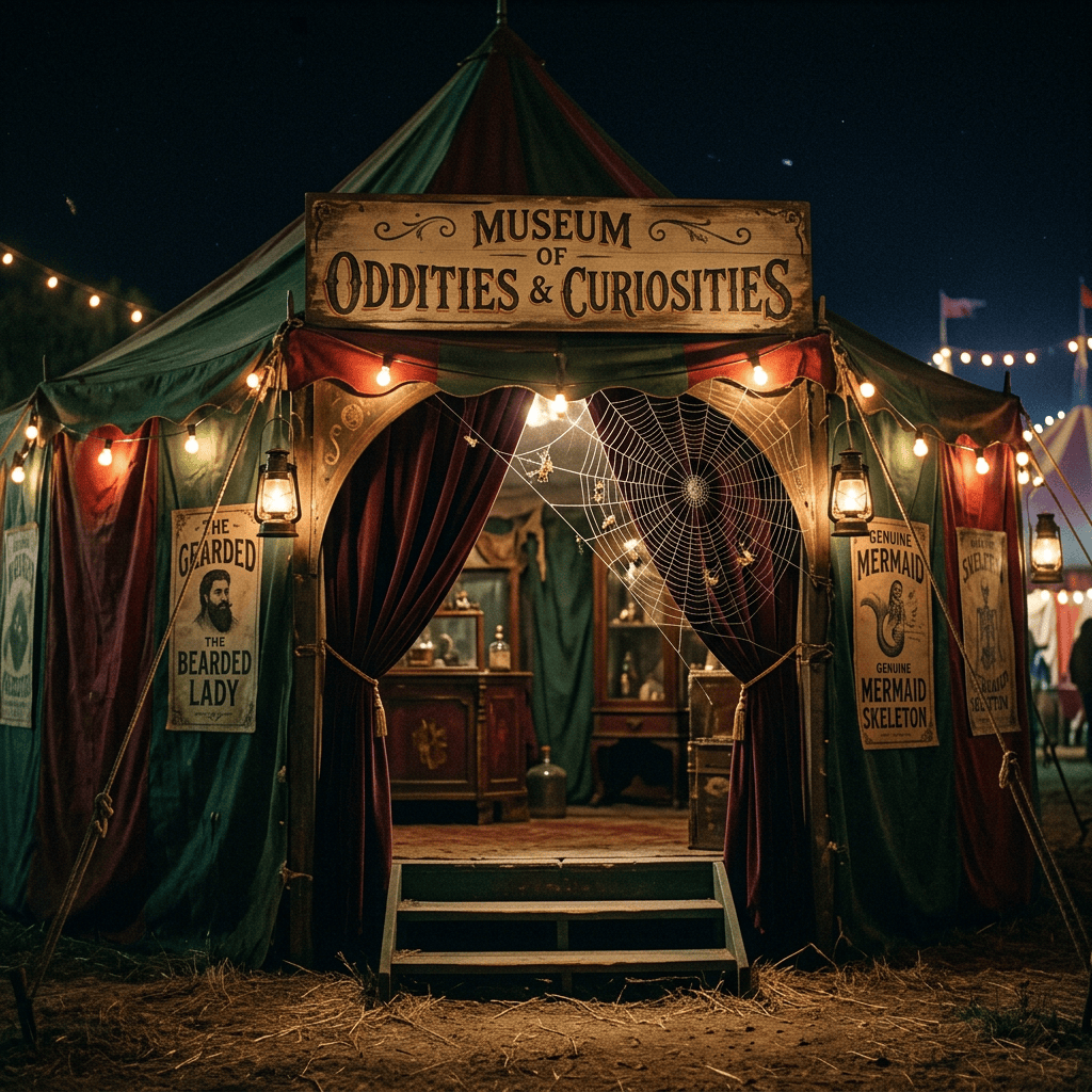 Lantern-lit tent entrance labeled Museum of Oddities and Curiosities